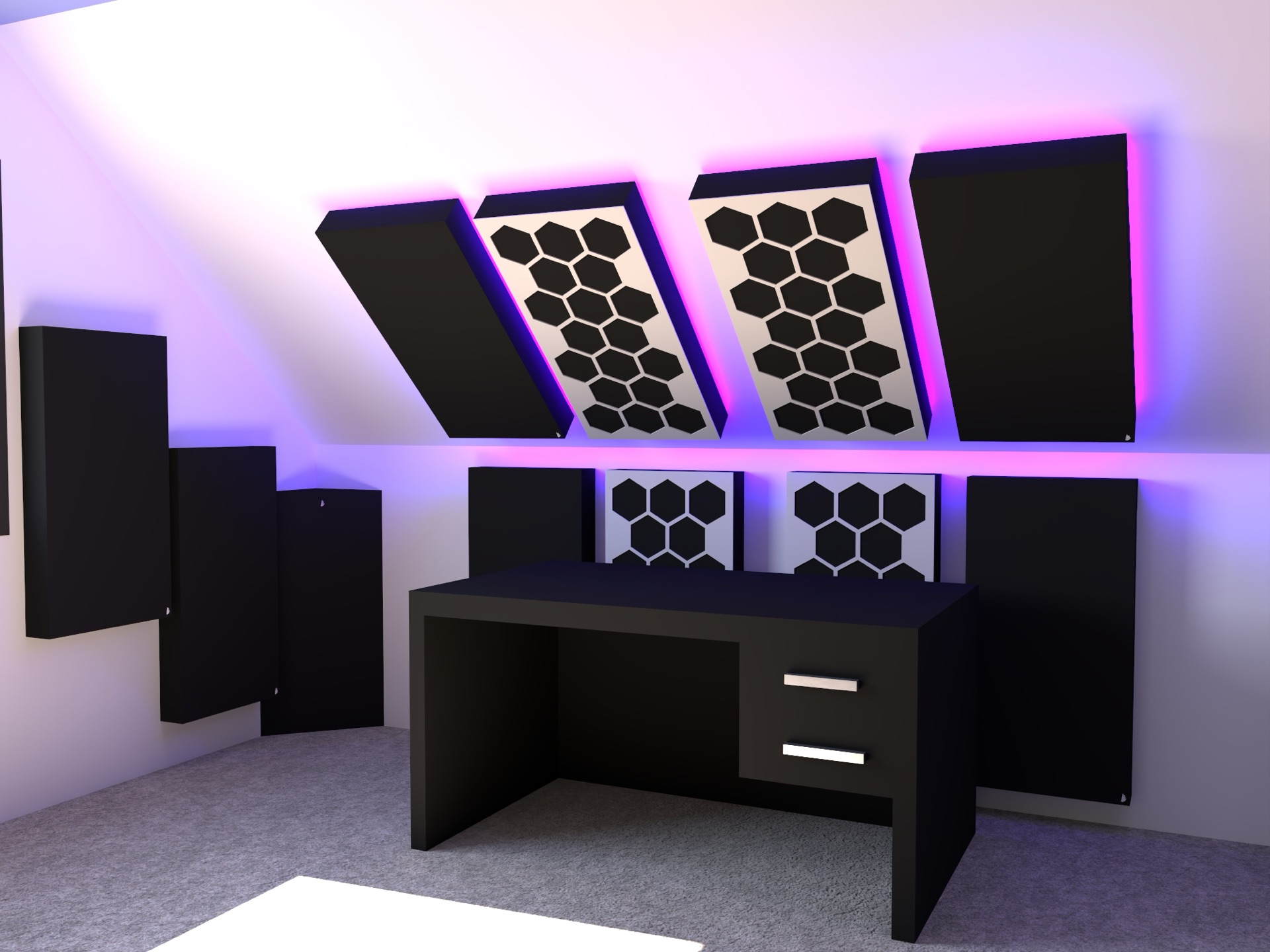 Sala de música y gaming con paneles hexagonales, visualización del proyecto