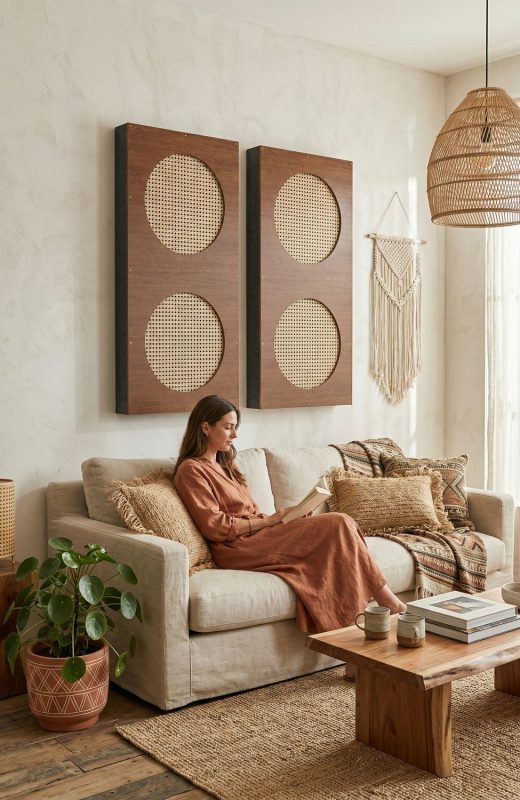 El panel de ratán Brown en un salón de estilo boho