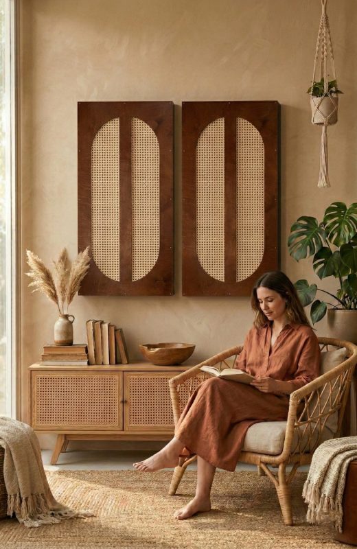 El panel de ratán Brown en un salón de estilo boho