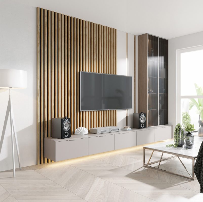 Una composición horizontal de lamas AkuWall en una sala de reuniones