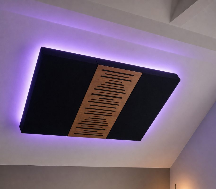 Un panel acústico en el techo con un halo violeta de la retroiluminación Aura LED oculta tras el panel