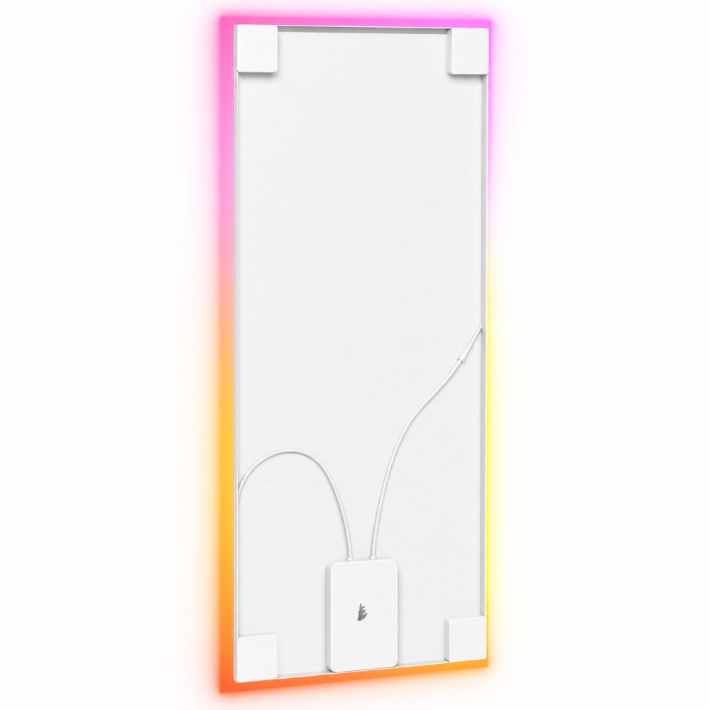 Aura LED - un panel acústico visto por detrás con tira LED RGB, controlador y un halo de luz de colores alrededor de los bordes