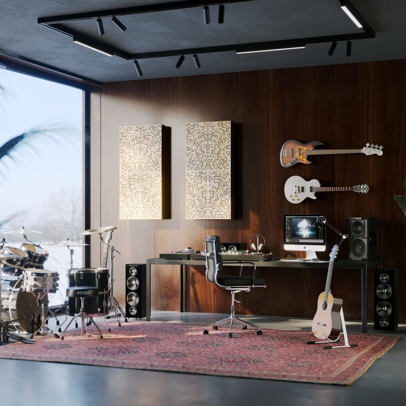 Dos Difusores Binarios en acabado natural en un estudio de música doméstico con instrumentos