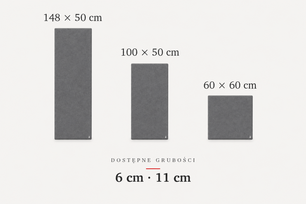 Los formatos disponibles del Cuadro Acústico: 148x50 cm, 100x50 cm y 60x60 cm, grosores de 6 y 11 cm