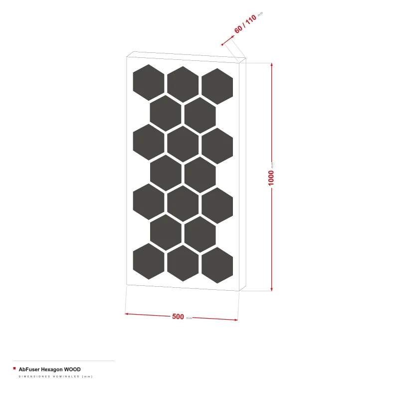 AbFuser Hexagon Wood - dibujo acotado de 100 × 50 cm, grosor de 6/11 cm