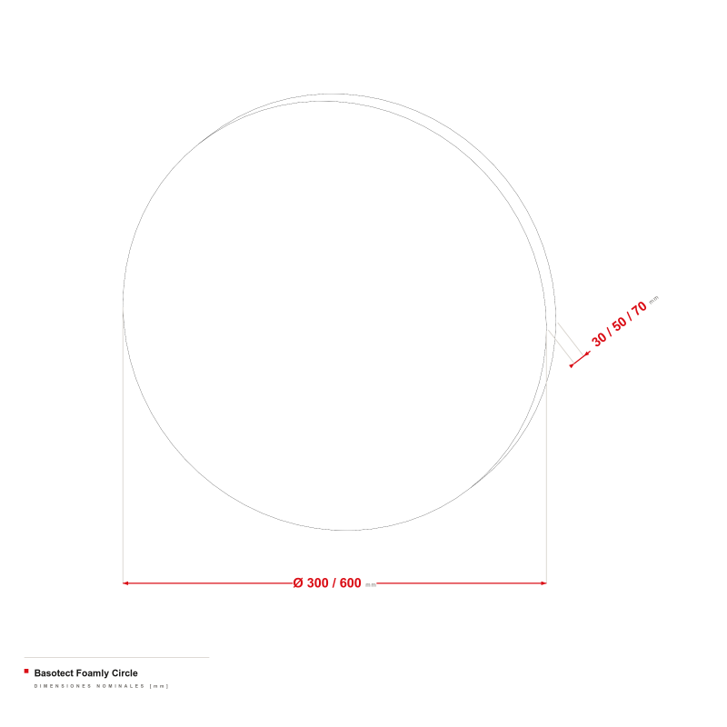 Basotect Foamly Circle - dibujo acotado de Ø 300/600 mm, grosor de 30/50/70 mm