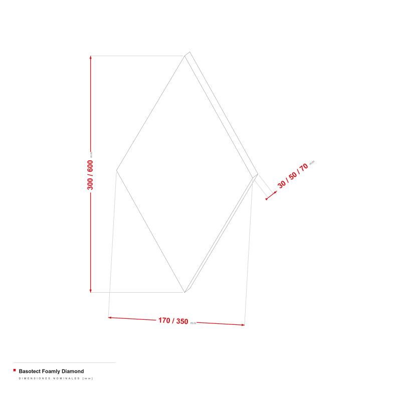 Basotect Foamly Diamond - dibujo acotado de 170/350 × 300/600 mm, grosor de 30/50/70 mm
