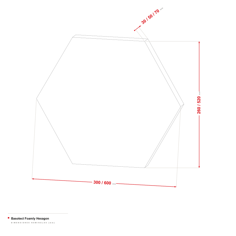 Basotect Foamly Hexagon - dibujo acotado de 300/600 × 260/520 mm, grosor de 30/50/70 mm
