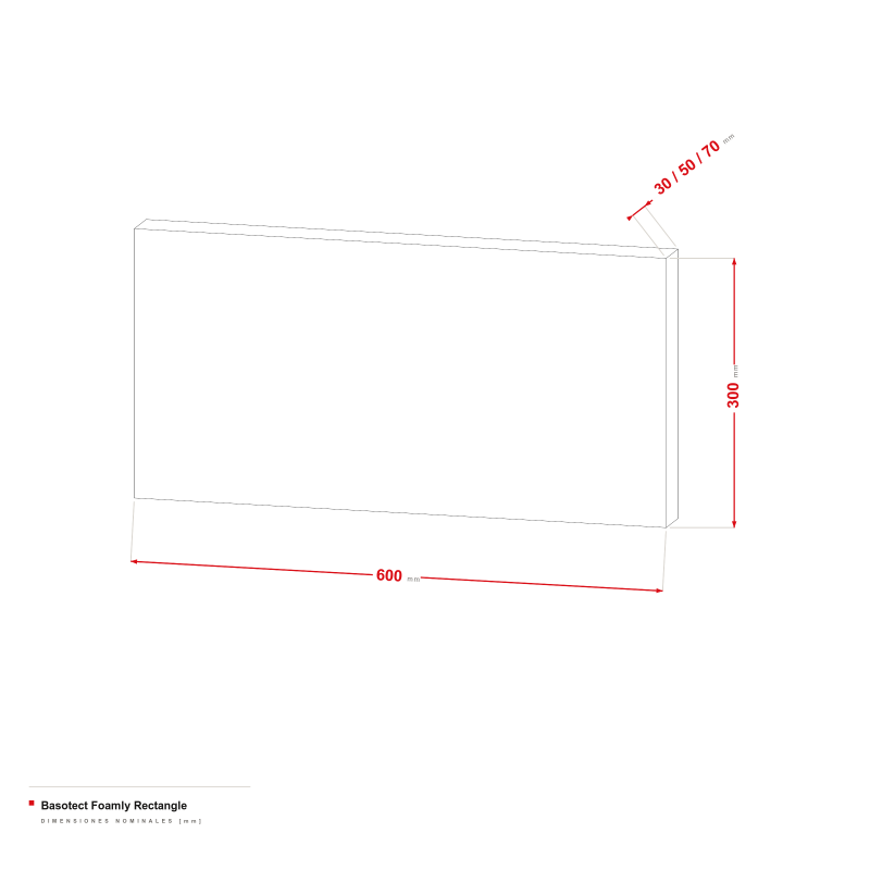 Basotect Foamly Rectangle - dibujo acotado de 600 × 300 mm, grosor de 30/50/70 mm