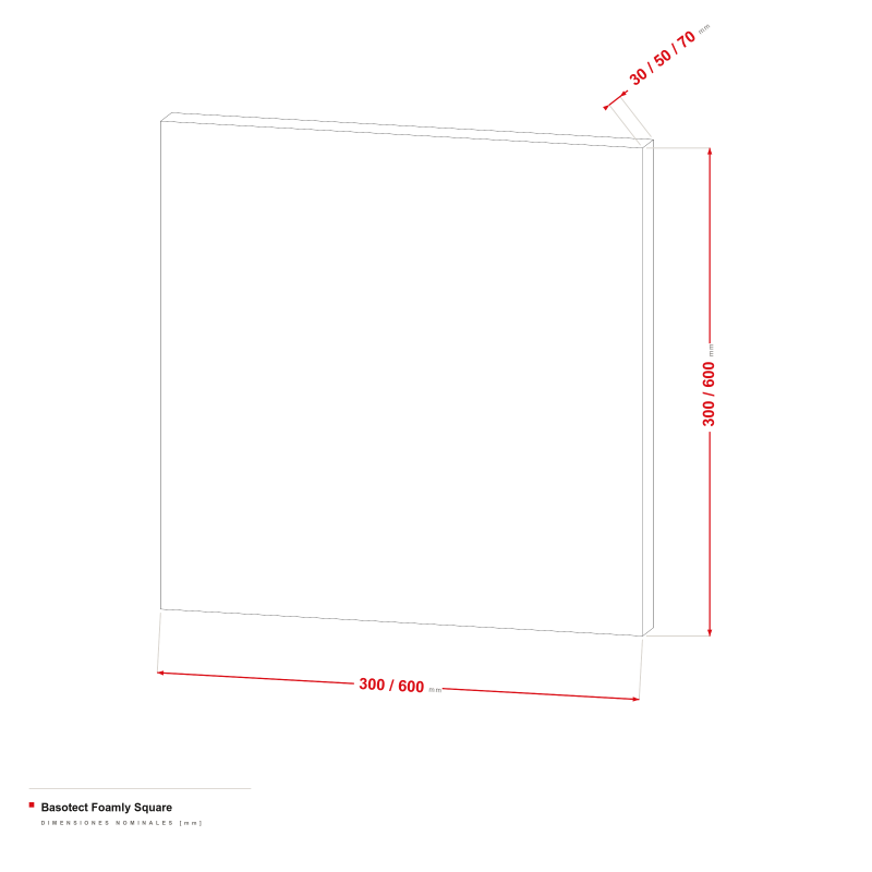 Basotect Foamly Square - dibujo acotado de 300/600 × 300/600 mm, grosor de 30/50/70 mm