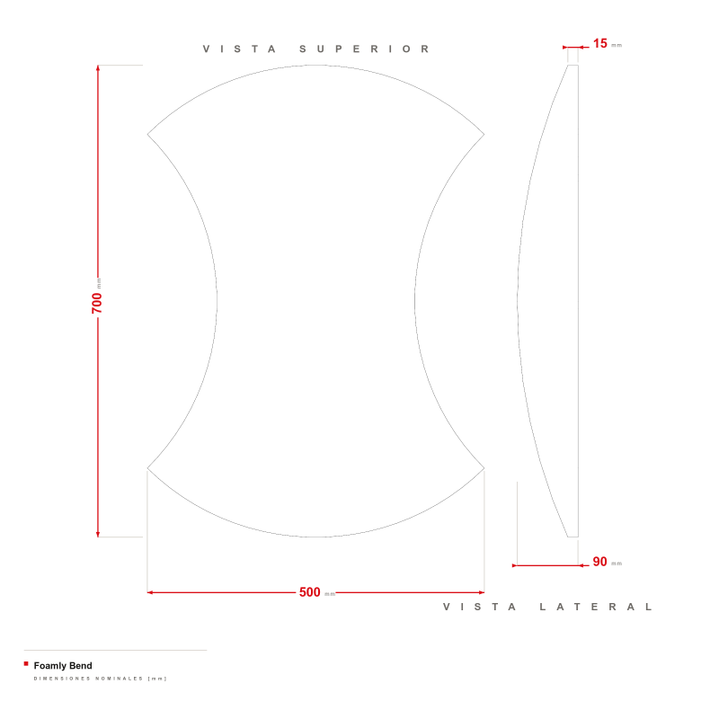 Foamly Bend - dibujo acotado de 500 × 700 mm, borde de 15 mm, profundidad de hasta 90 mm