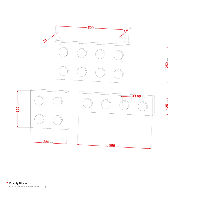 Foamly Blocks - dibujo acotado de los módulos de 250/500 × 125/250 mm