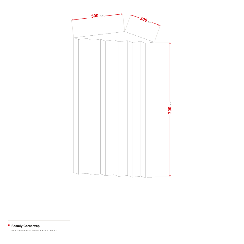 Foamly Cornertrap - dibujo acotado de 300 × 300 × 700 mm