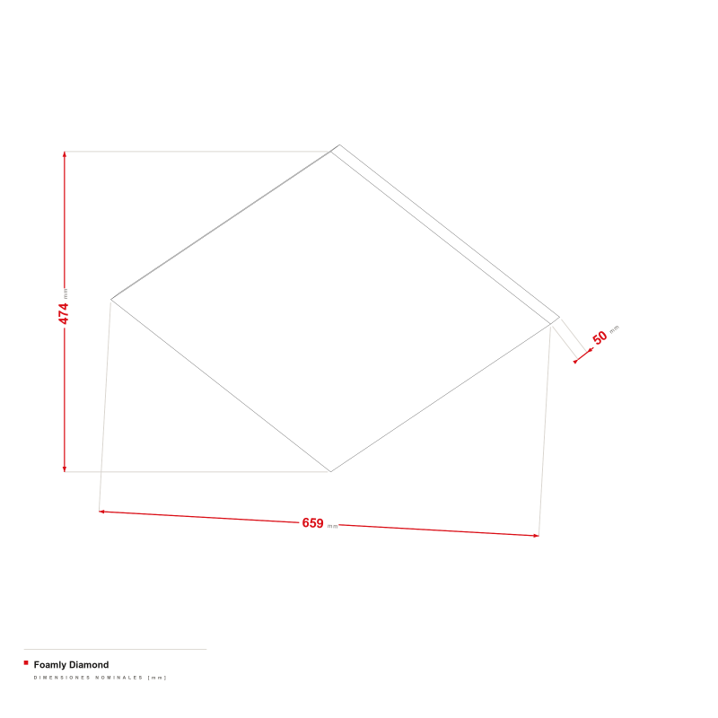 Foamly Diamond - dibujo acotado de 659 × 474 mm, grosor de 50 mm