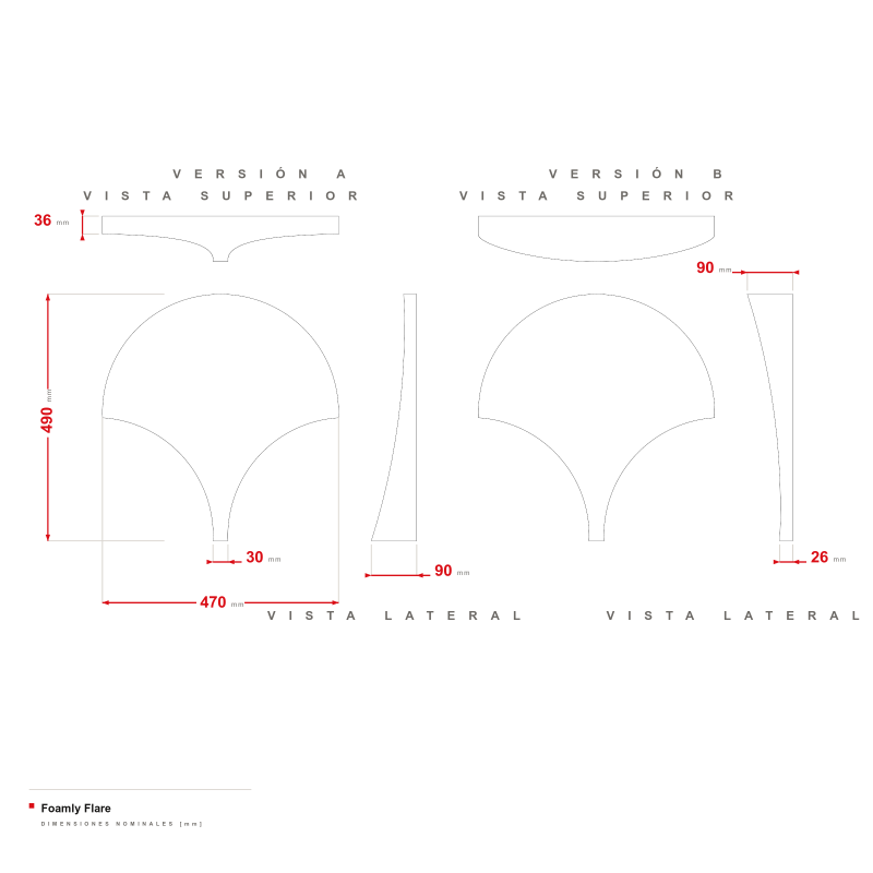 Foamly Flare - dibujo acotado de las versiones A y B, 470 × 490 mm, grosor de hasta 90 mm