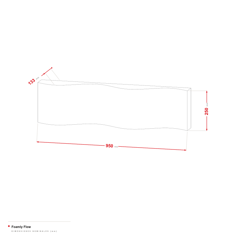 Foamly Flow - dibujo acotado de 950 × 250 mm, perfil de 38-133 mm