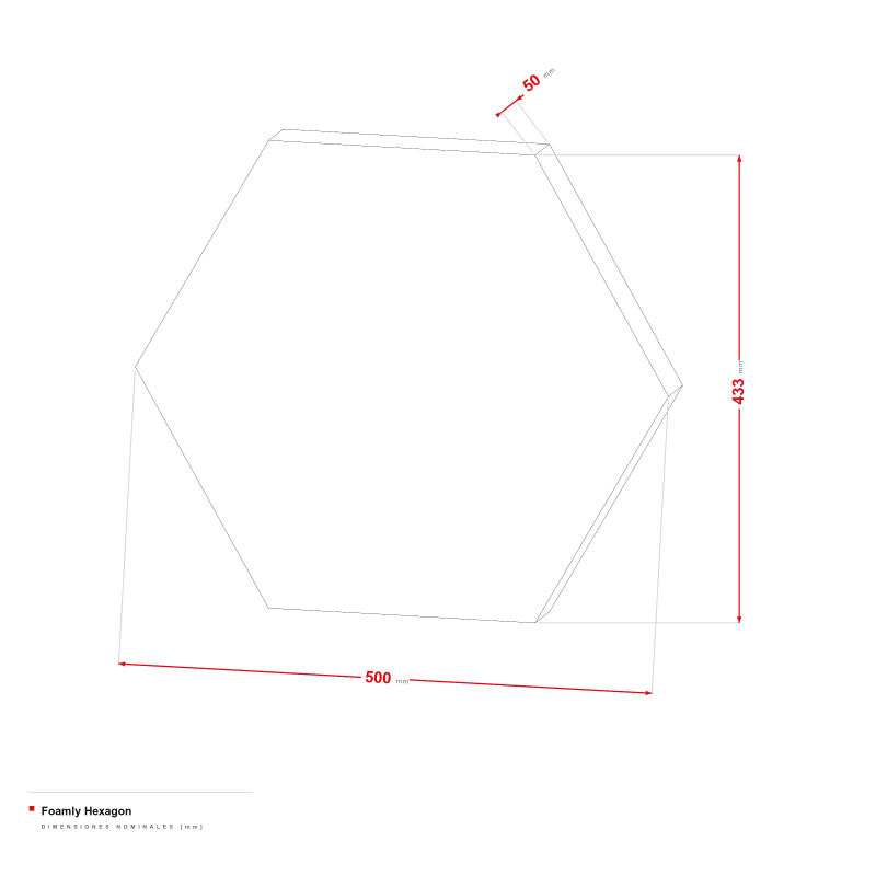 Foamly Hexagon - dibujo acotado de 500 × 433 mm, grosor de 50 mm
