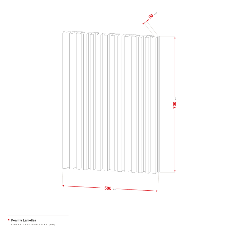 Foamly Lamellas - dibujo acotado de 500 × 700 × 50 mm, lamas de 18/36 mm