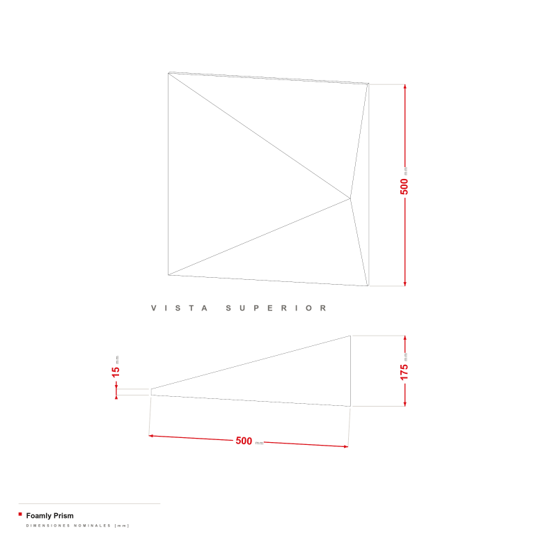 Foamly Prism - dibujo acotado de 500 × 500 mm, altura de 175 mm