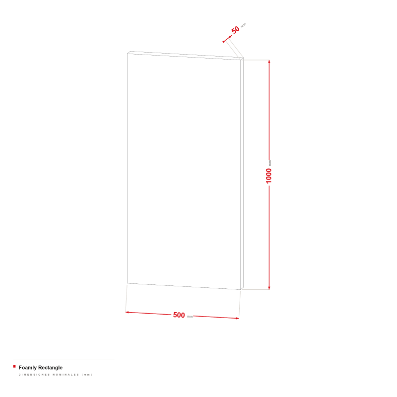 Foamly Rectangle - dibujo acotado de 500 × 1000 mm, grosor de 50 mm