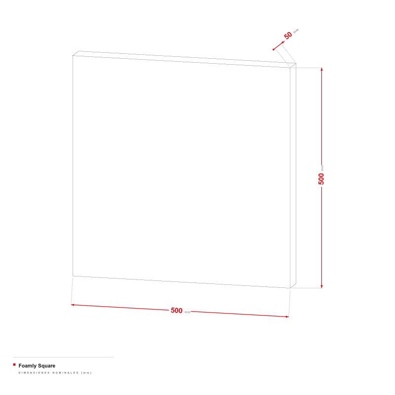 Foamly Square - dibujo acotado de 500 × 500 mm, grosor de 50 mm