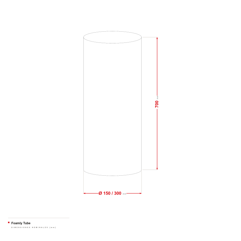 Foamly Tube - dibujo acotado de Ø 150/300 mm, longitud de 700 mm