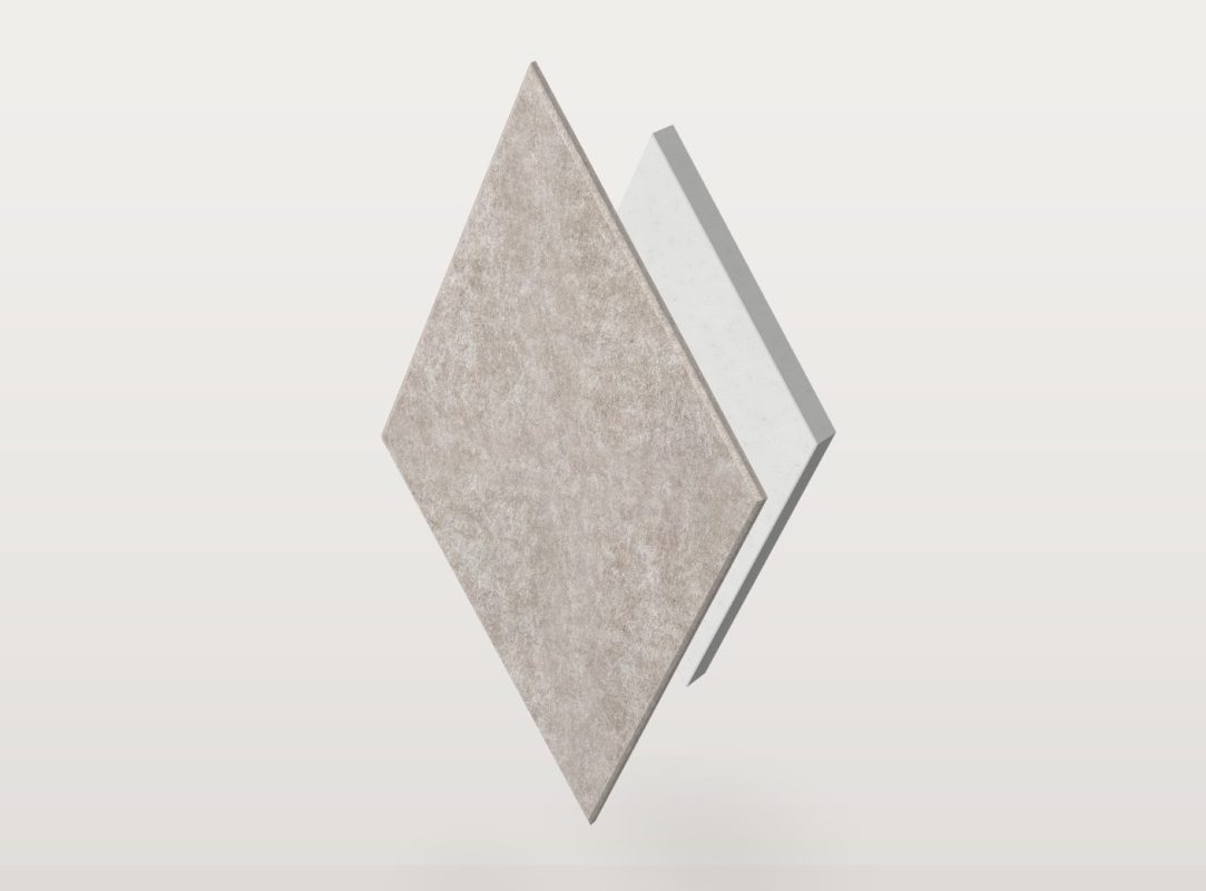 El panel acústico Pro.Felt E.1 Diamond con forma de rombo, separado en dos capas: fieltro acústico Pro.Felt delante y espuma Basotect detrás