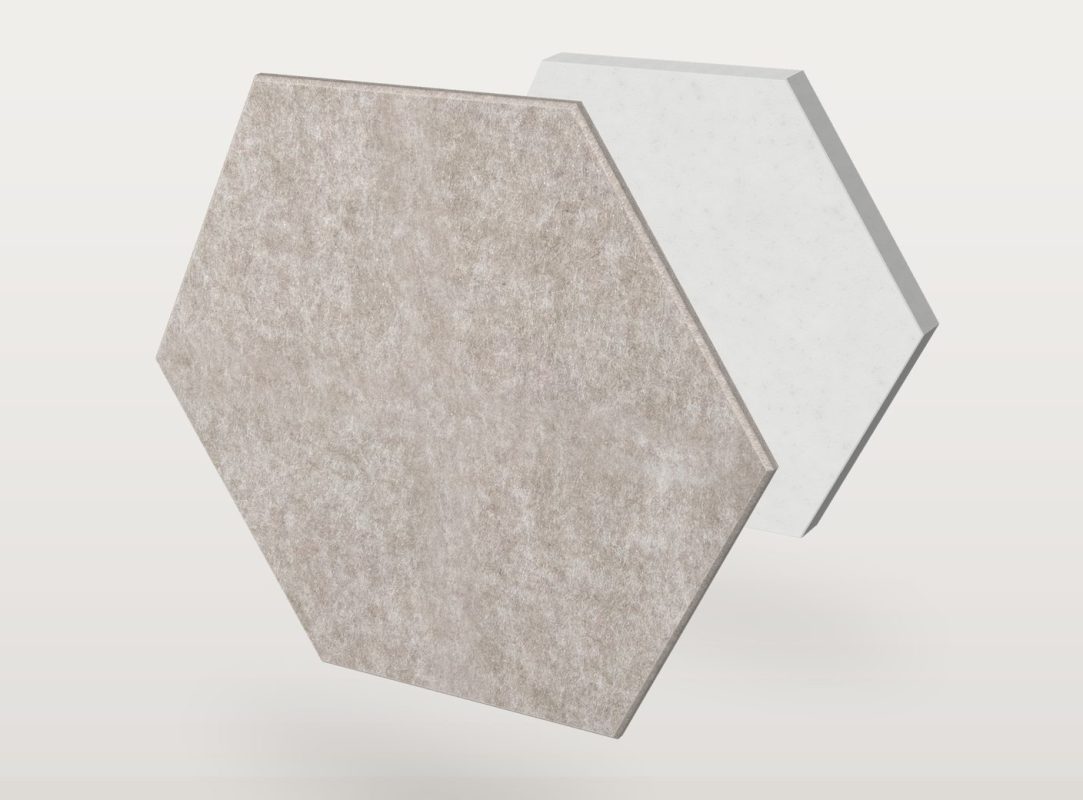 El panel acústico Pro.Felt E.5 Hexagon con forma de hexágono, separado en dos capas: fieltro acústico Pro.Felt delante y espuma Basotect detrás