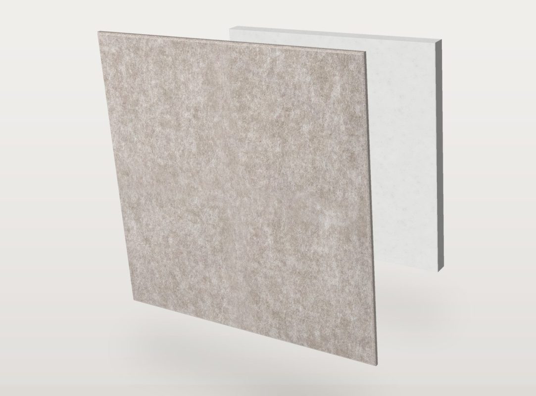 El panel acústico Pro.Felt E.4 Square con forma de cuadrado, separado en dos capas: fieltro acústico Pro.Felt delante y espuma Basotect detrás