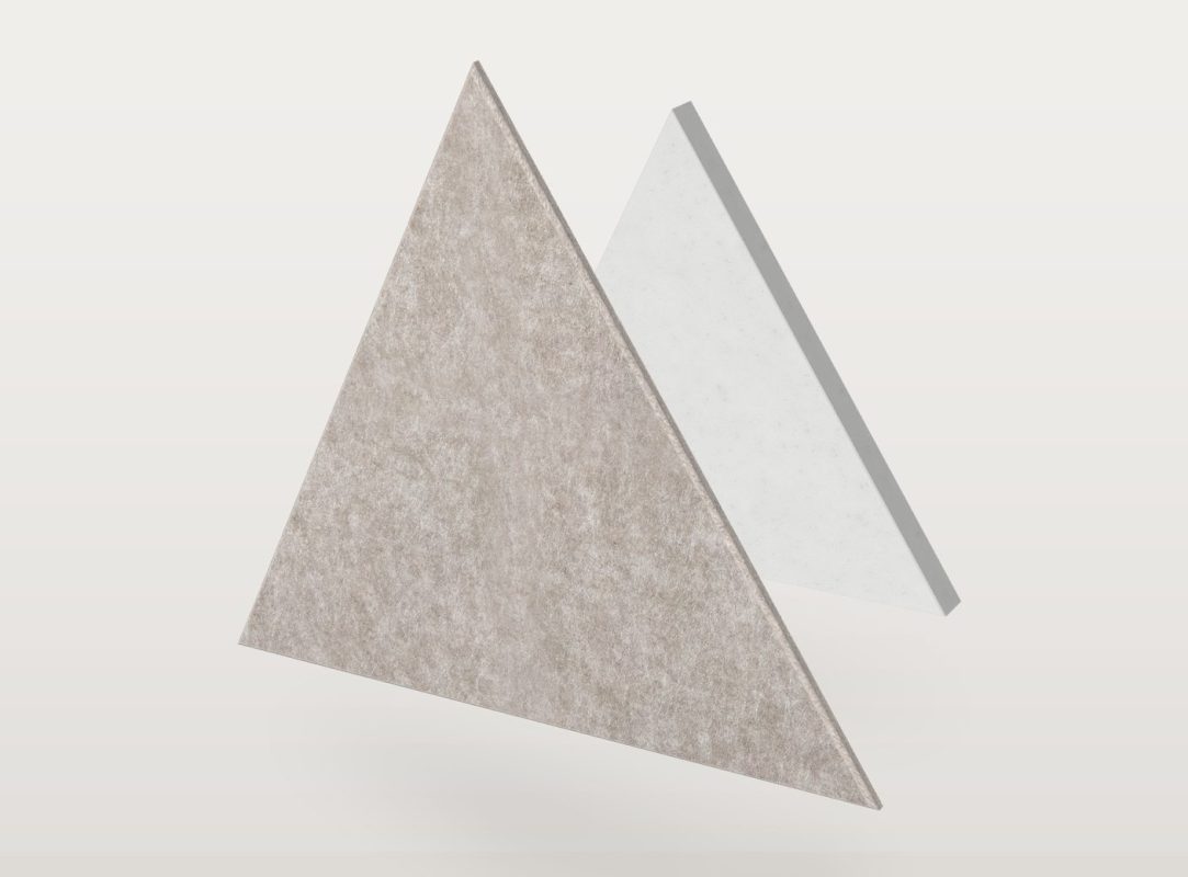 El panel acústico Pro.Felt E.3 Triangle con forma de triángulo, separado en dos capas: fieltro acústico Pro.Felt delante y espuma Basotect detrás
